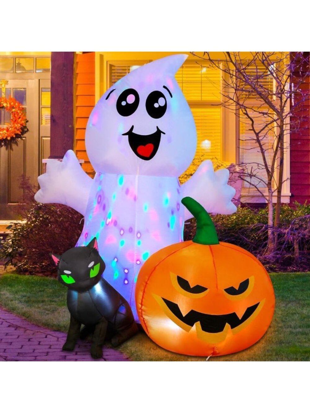 5FT Halloween Inflatable Ghost with Cat & Pumpkin - LED Yard Decoration for